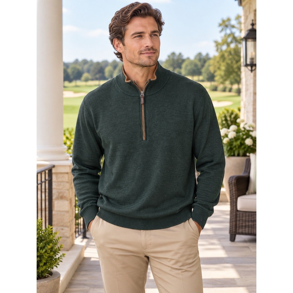 HART SCHAFFNER MARX Mens L Green-Extra Fine Merino Wool-Pullover-1/4 Zip Sweater
